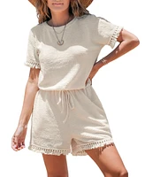 Cupshe Women's Beige Knit Short Sleeve Straight Leg Fringe Romper