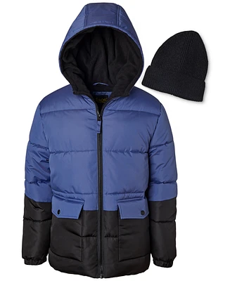 Ixtreme Big Boys Colorblocked Full-Zip Hooded Puffer Jacket with Ribbed-Knit Beanie