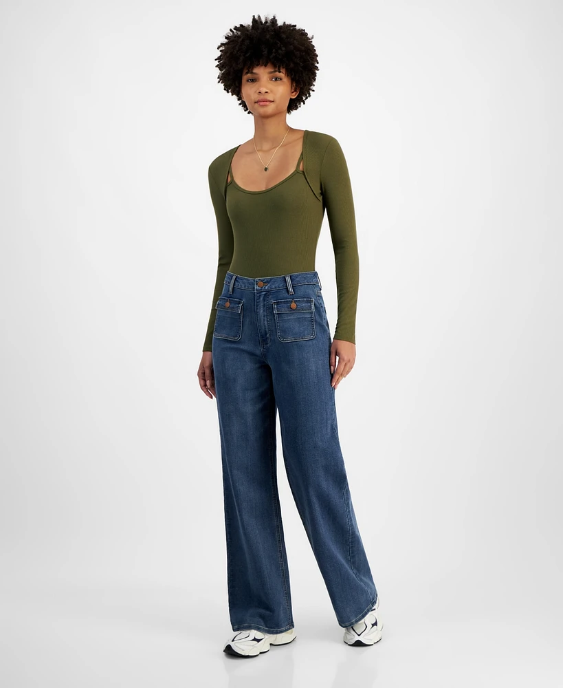 Tinseltown Juniors' High-Rise Wide-Leg Patch-Pocket Jeans