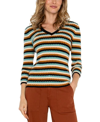 Liverpool Women's Striped 3/4-Sleeve V-Neck Sweater