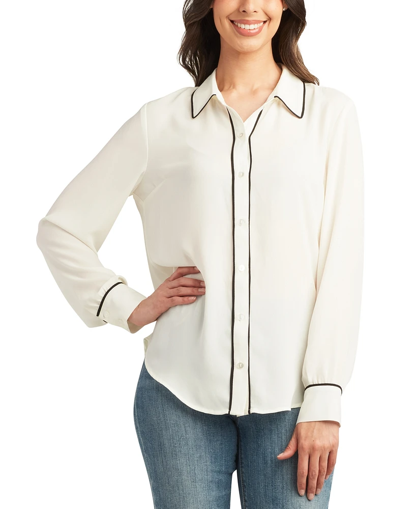 Bcx Juniors' Contrast-Piping Long-Sleeve Blouse