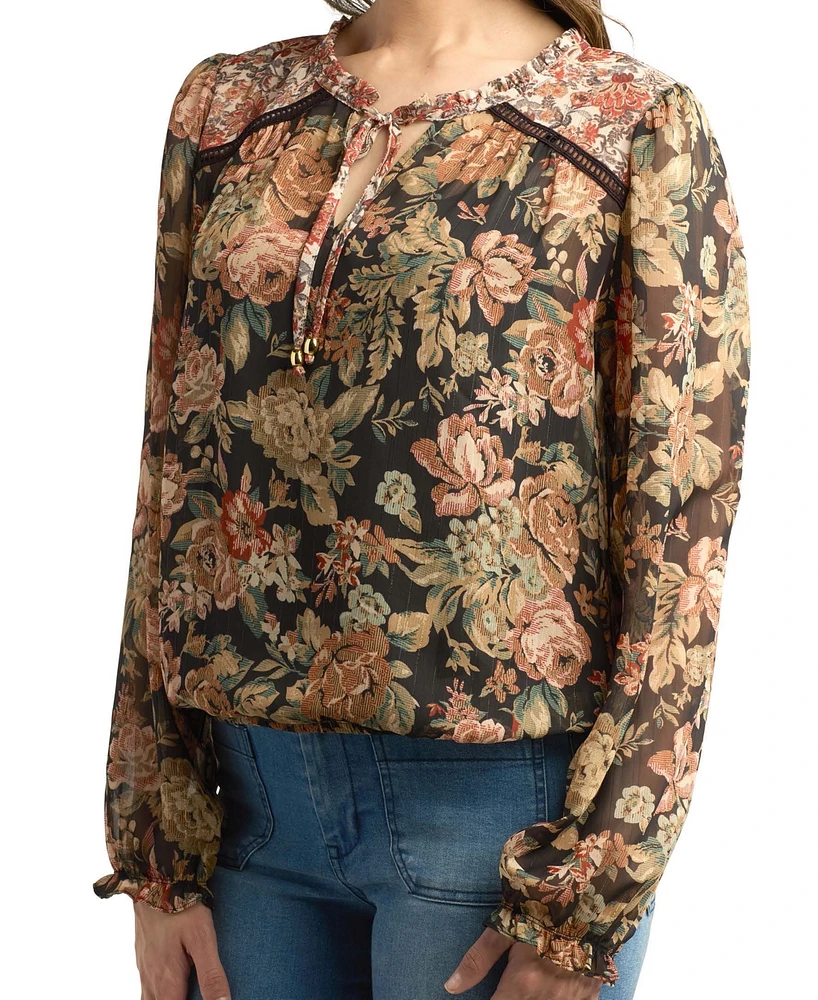 Bcx Juniors' Floral-Print Split-Neck Blouson-Sleeve Top