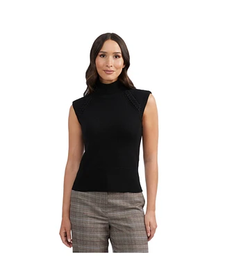 Ellen Tracy Women's Sleeveless Turtleneck Sweater with Braid Detail