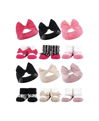 Hudson Baby Infant Girl 12Pc Headband and Socks Giftset, Pink Black Taupe Pink, One Size