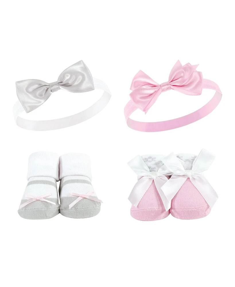 Hudson Baby Baby Girls Headband and Socks Set, Pink Gray, 0-9 Months