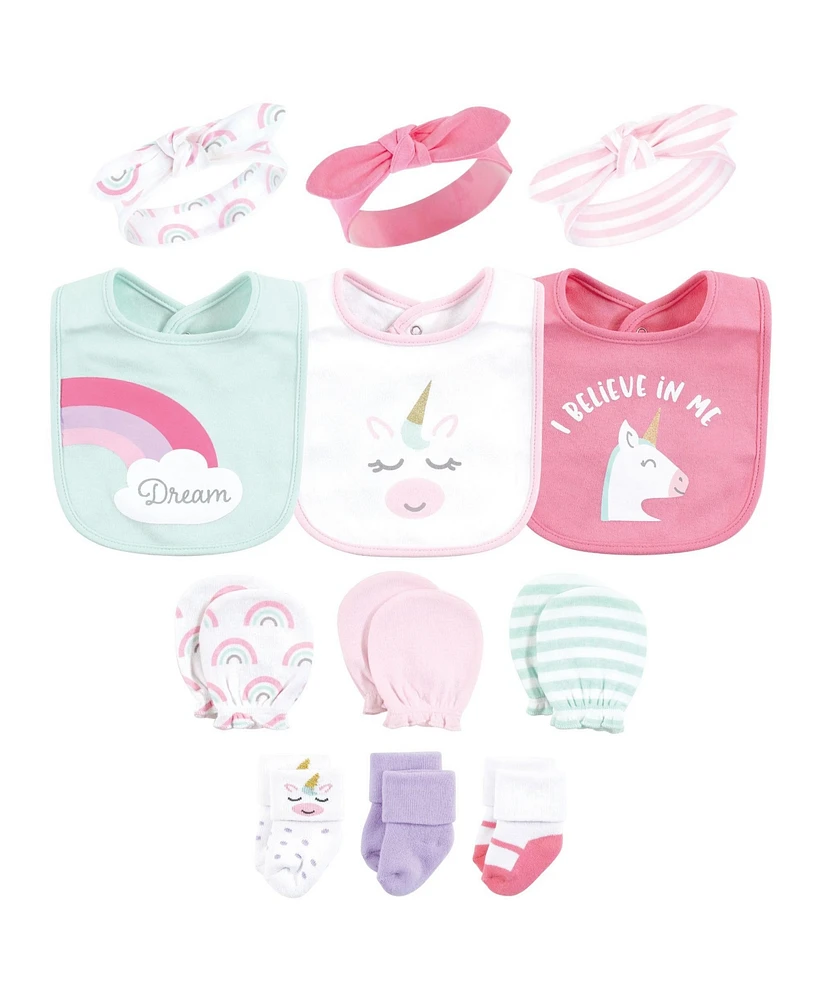 Hudson Baby Baby Girls Caps or Headbands, Bibs, Mittens and Socks 12pc Set, Unicorn, 0-6 Months