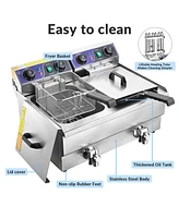 Yescom Commercial Electric 23.4L Deep Fryer Dual Tank w/ Timer and Drain Reset Button French Fry