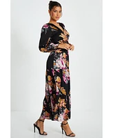 Quiz Women's Black Floral Chiffon Tiered Hem Maxi Dress