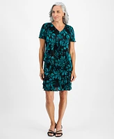 Connected Petite Printed Short-Sleeve V-Neck Dress