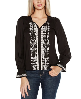 Belldini Black Label Women's Tie-Neck Embroidered-Front Blouse Top