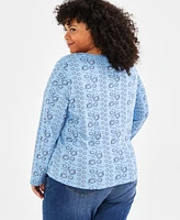 Style & Co Plus Size Printed Scoop-Neck Long-Sleeve Top