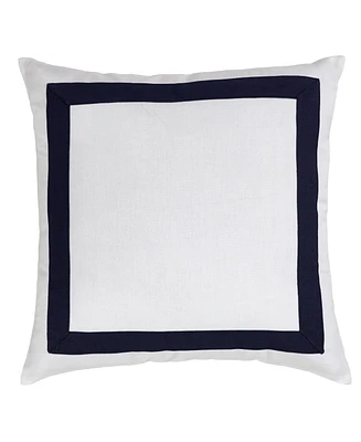 Ihi Home White Linen Cotton Pillow with Navy Border, White Navy