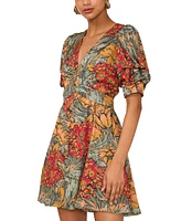 1.state Women's Floral V-Neck Tiered Bubble Puff Sleeve Mini Dress