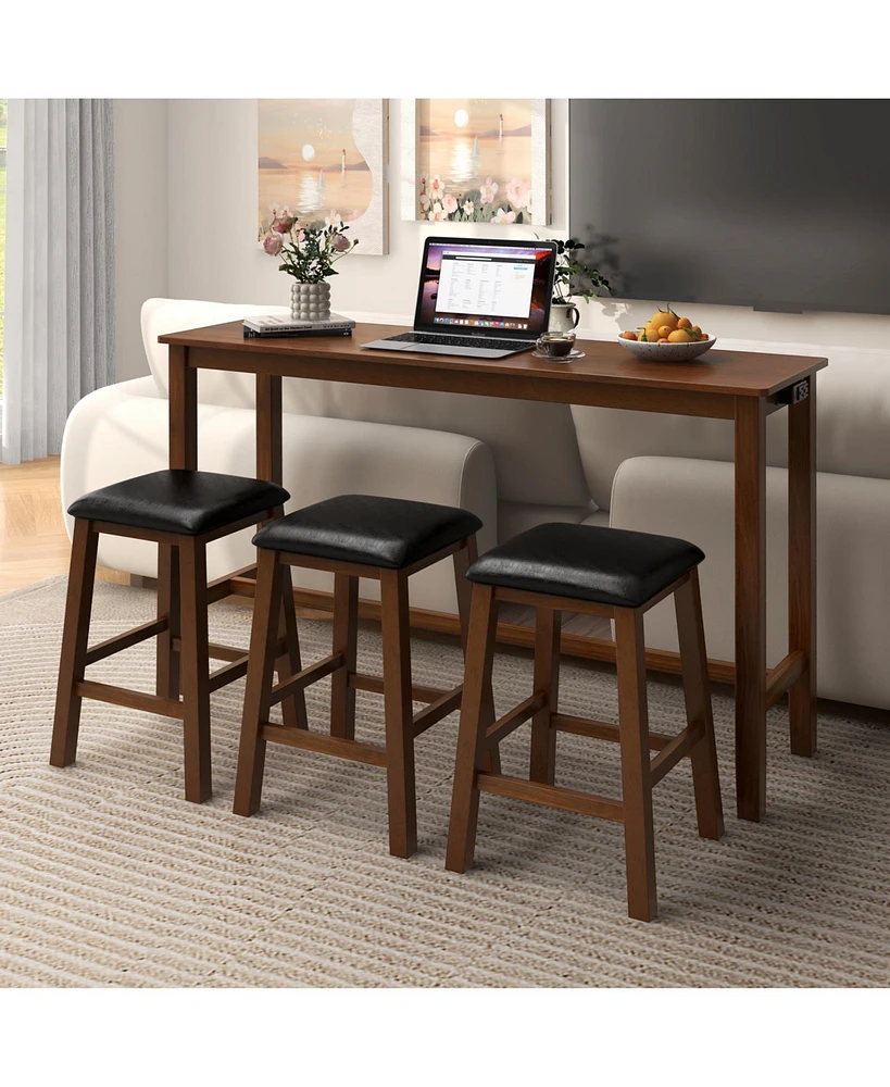 Slickblue 4-Piece Bar Table Set Counter-Height Table and 3 Pvc Leather Upholstered Bar Stools-Brown