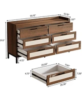 Tribesigns 6-Drawer Dresser for Bedroom, 55" Mid-Century Rustic Chest of Drawers, Wide Wood Storage Long Double Dresser Organizer for Nursery Bedroom