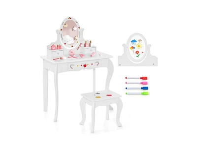 Slickblue Kids Vanity and Stool Set with 360° Rotatable Mirror and Whiteboard-White