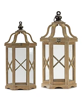 Slickblue Natural Wood Hexagon Lantern With Curved Top (Set of 2)