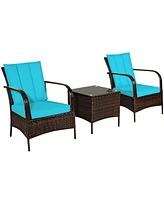 Gymax 3PCS Patio Rattan Conversation Set Outdoor Furniture Set w/ Turquoise Cushion