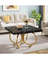 Tribesigns Square Coffee Table, 31.5 Inch Modern Black Cocktail Table with Gold Geometric Frame, Faux Marble Center Table Tea Table for Living Room, S