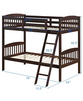 Sugift Hardwood Twin Bunk Bed Frames with Inclined Ladder and Safety Guardrails