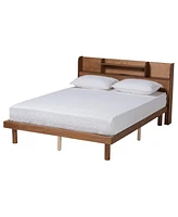 Baxton Studio Harper Mid-Century Modern Transitional Walnut Brown Finished Wood Queen Size Platform Bed with Charging Station