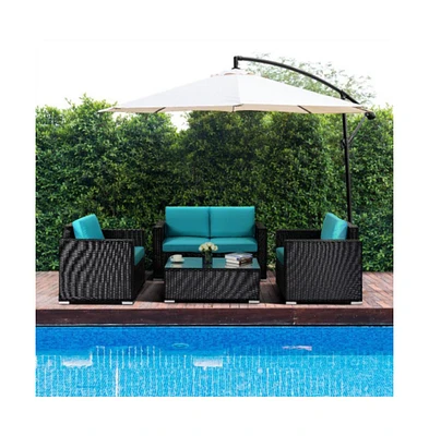 Slickblue 4PC Rattan Patio Furniture Set Outdoor Wicker With Blue Cushion