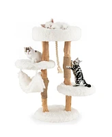 Slickblue Solid Wood Cat Tower with Jute Scratching Posts and Hanging Rope for Indoor Cats