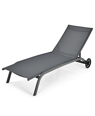 Gymax Outdoor Chaise Lounge Chair Adjustable Patio Recliner w/ Wheels Grey