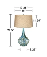 Possini Euro Design Kenya Modern Tropical Table Lamp with Dimmer 29 1/2" Tall Blue Green Glaze Ceramic Beige Linen Drum Shade for Bedroom Living Room