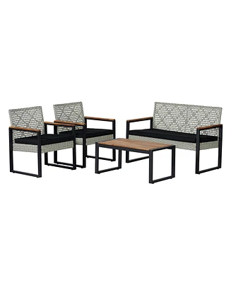 Jonathan Y Wilder 4-Piece Modern Coastal Faux Wicker Conversation Outdoor Patio Set, White Wash/Black/Natural