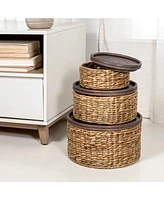 Jonathan Y Gouda Southwestern Hand-Woven Hyacinth Circular Nesting Baskets with Wood Lids, Natural (Set of 3)