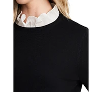 CeCe Women's Ruffle Collar & Sleeve Imitation Pearl Trim Crewneck Sweater