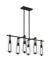 Possini Euro Design Wexford Black Island Linear Pendant Chandelier 36 1/2" Wide Mid Century Modern Clear Glass Curvy Shades 6