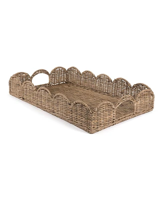 Jonathan Y Scalloped 21.5" Southwestern Cottage Hand-Woven Rattan Tray with Handles, Natural