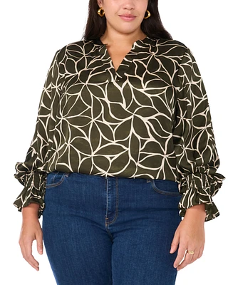 Vince Camuto Plus Printed Split-Neck Blouson-Sleeve Top