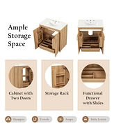 30" Bathroom Vanity with Sink, Cabinet, Drawer, Mdf Board, Natural