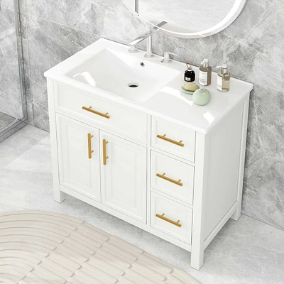 Simplie Fun 36" Off-White Bathroom Vanity with Ceramic Sink, Solid Wood & Mdf Cabinet