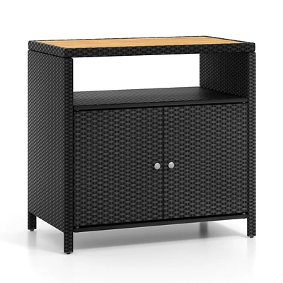 Slickblue Rattan Storage Cabinet with Acacia Wood Countertop for Poolside Deck and Patio