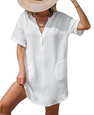 Cupshe Women's Crinkle V-Neck Cover-Up Beach Dress