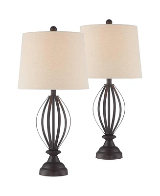 360 Lighting Grant Rustic Industrial Table Lamps 26 1/2" Tall Set of 2 Bronze Brown Metal Open Cage Taupe Fabric Drum Shade for Bedroom Living Room Ho