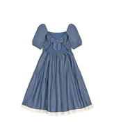 Hope & Henry Girls' Short Bubble Sleeve Crochet Trim Chambray Dress