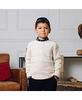 Hope & Henry Baby Boys Organic Crew Neck Cable Sweater with Suede Detail