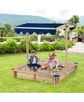 Slickblue Kids Wooden Sandbox with Height Adjustable and Rotatable Canopy Outdoor Playset