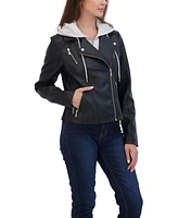 Sebby Collection Women's Faux Leather Biker Jacket With Removeable Hood Bib