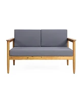 Simplie Fun Acacia Wood Loveseat With Water-Resistant Cushions And Slat Design