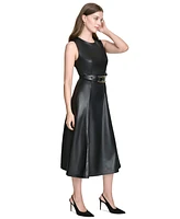 Halston Women's Faux-Leather Belted Sleeveless Midi Dress