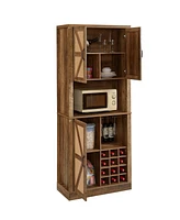 Simplie Fun Rustic Oak Farmhouse Kitchen Cabinet with Faux Rattan Doors and Wine Storage