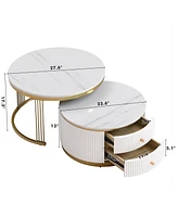 Modern 2-Piece White Round Nesting Coffee Table with Drawers