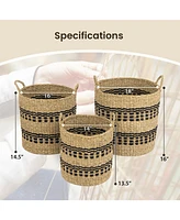 Slickblue Seagrass Basket Set of 3 Stackable Storage Bins with Handles Woven Round Basket