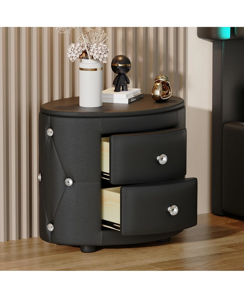 Simplie Fun Elegant Pu Nightstand with 2 Drawers, Crystal Handle, Storage